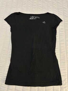 E9 - Black Cap sleeve Cotton Tee with Graphic Design Size S